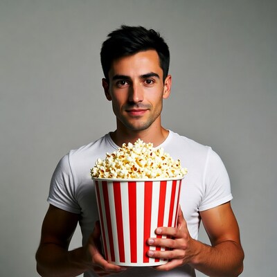 Man holding giant popcorn bucket