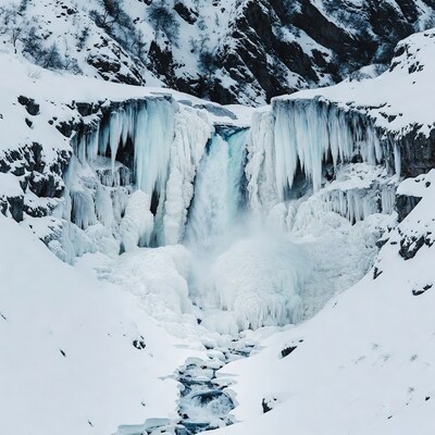 Frozen Waterfall in Snowy Mountains