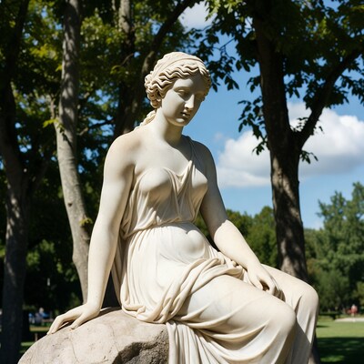 White marble statue of seated woman
