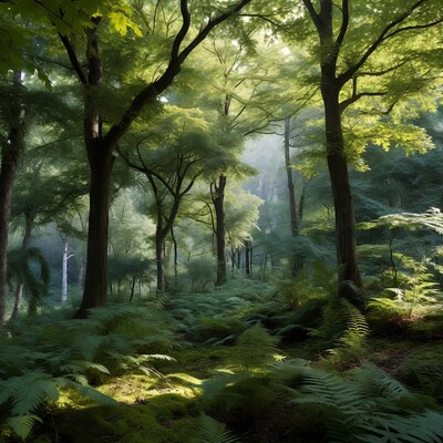 Sunlit Lush Green Forest with Ferns