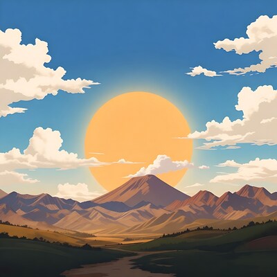 Giant Sun Over Mountains Illustration