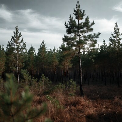 Pine Forest Under Cloudy Sky