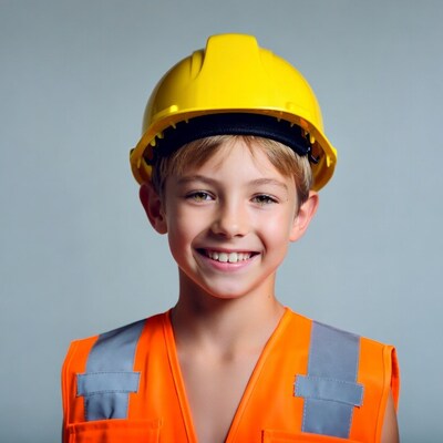 Boy wearing yellow hard hat and orange vest
