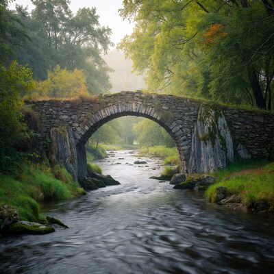Stone arch bridge over misty river