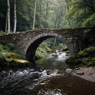 Stone arch bridge over forest stream