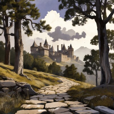 Medieval Castle on Hill with Path