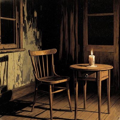 Candle on table with chair in dim room