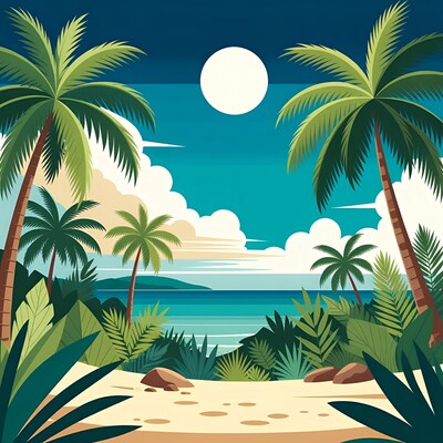 Tropical beach with palms and moon