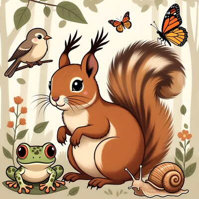 Cute squirrel with frog bird butterfly snail