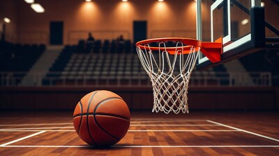 Basketball on court near hoop