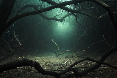 Eerie Twisted Branches in Dark Foggy Forest
