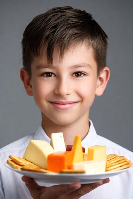 Boy holding cheese and crackers platter