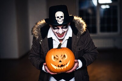 Man in skull hat holding jack-o-lantern