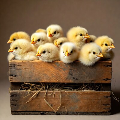 Baby chicks in wooden crate