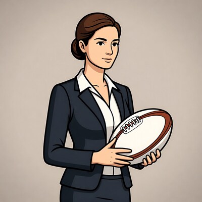 Businesswoman holding rugby ball