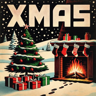 Vintage Christmas Fireplace Tree Scene