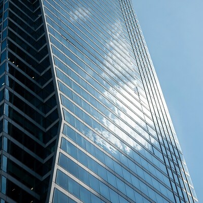 Modern glass skyscraper against blue sky