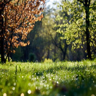 Dew-covered grass with blurred forest background
