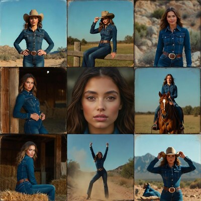 Woman in denim cowgirl poses