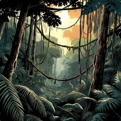 Jungle with vines and sunset