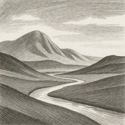 Pencil sketch of mountains and winding river