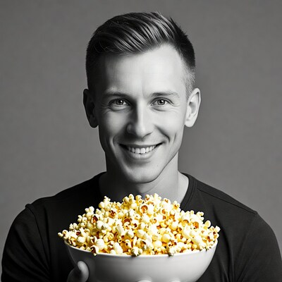 Man holding bowl of popcorn