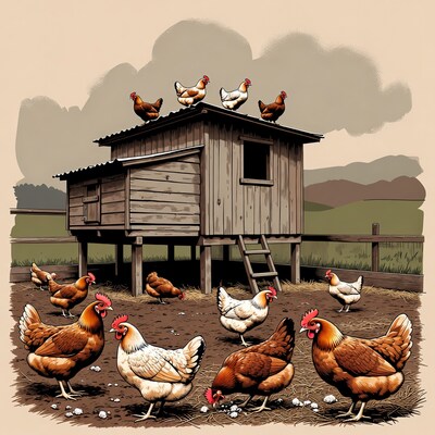 Chickens around wooden coop illustration