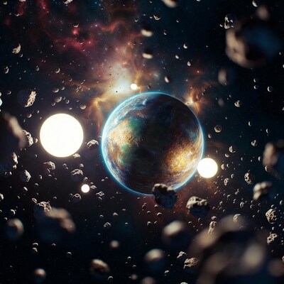 Earth Planet Amid Asteroids and Nebula