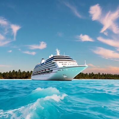White Cruise Ship Near Tropical Beach