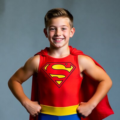 Boy in Superman costume smiling