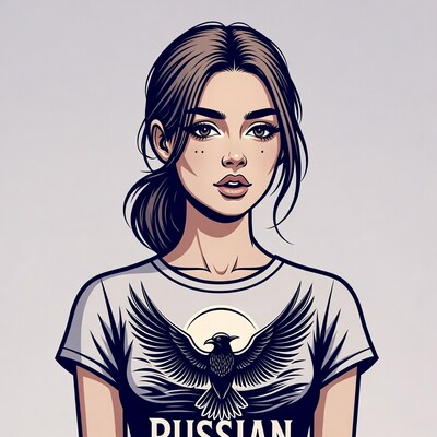 Woman wearing Russian raven t-shirt