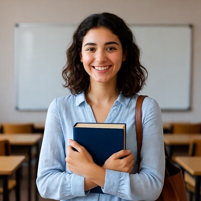 Smiling woman holding book in classroom