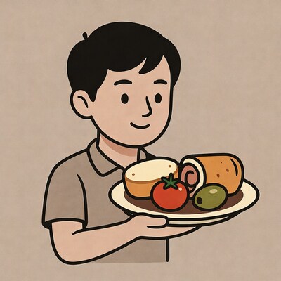 Asian boy holding platter of food