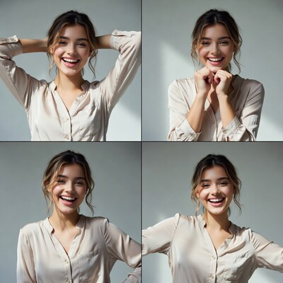 Smiling woman in beige shirt four poses