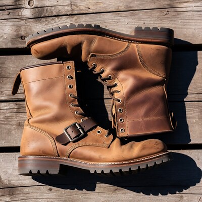 Tan leather work boots on wood