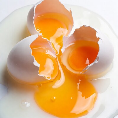 Broken egg yolks on white surface