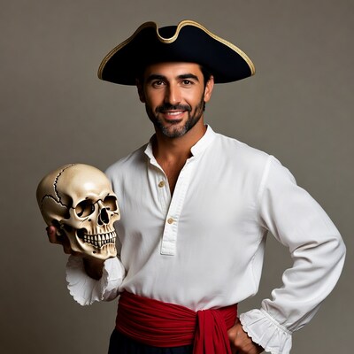 Pirate man holding skull