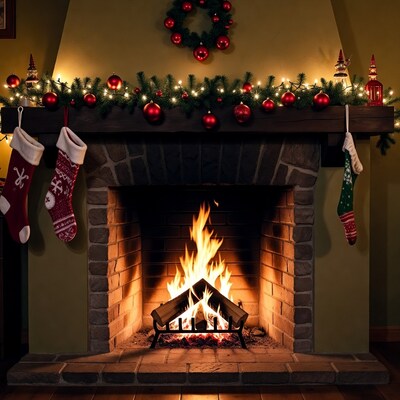 Christmas Fireplace with Stockings and Garland