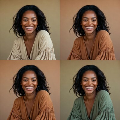 Smiling African-American woman in four outfits
