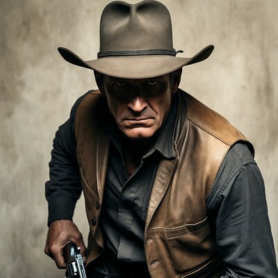 Cowboy aiming revolver gun