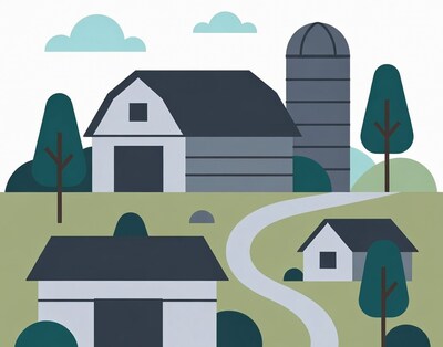 Farm with Barn Silo Trees