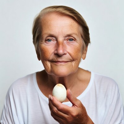 Elderly woman holding egg