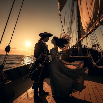 Pirate couple dancing on ship at sunset