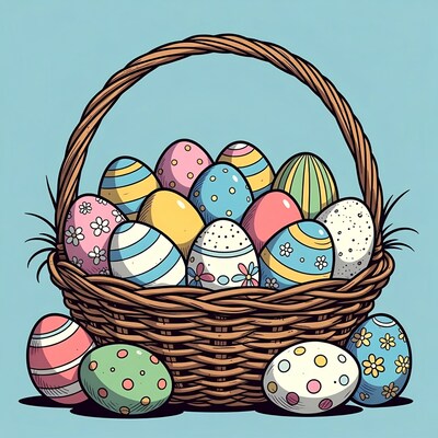 Colorful Easter Eggs in Wicker Basket