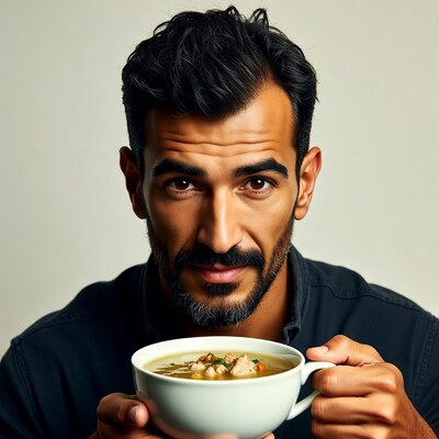 Man holding bowl of soup