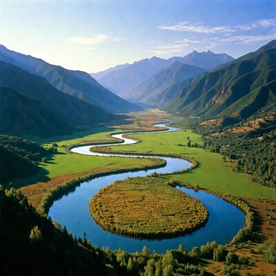 River meandering through mountain valley