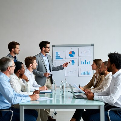 Businessman presenting charts in diverse team meeting