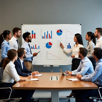 Businesswoman presenting charts to team