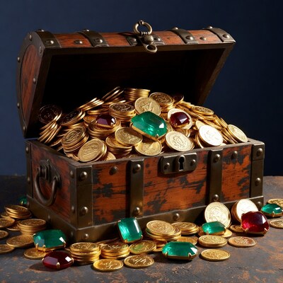 Open Treasure Chest with Gold Coins and Gems