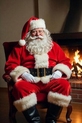 Santa Claus sitting by fireplace